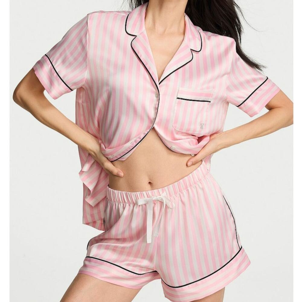 Victoria's Secret Signature Satin Short Pajama Set Pink and White Iconic Stripes